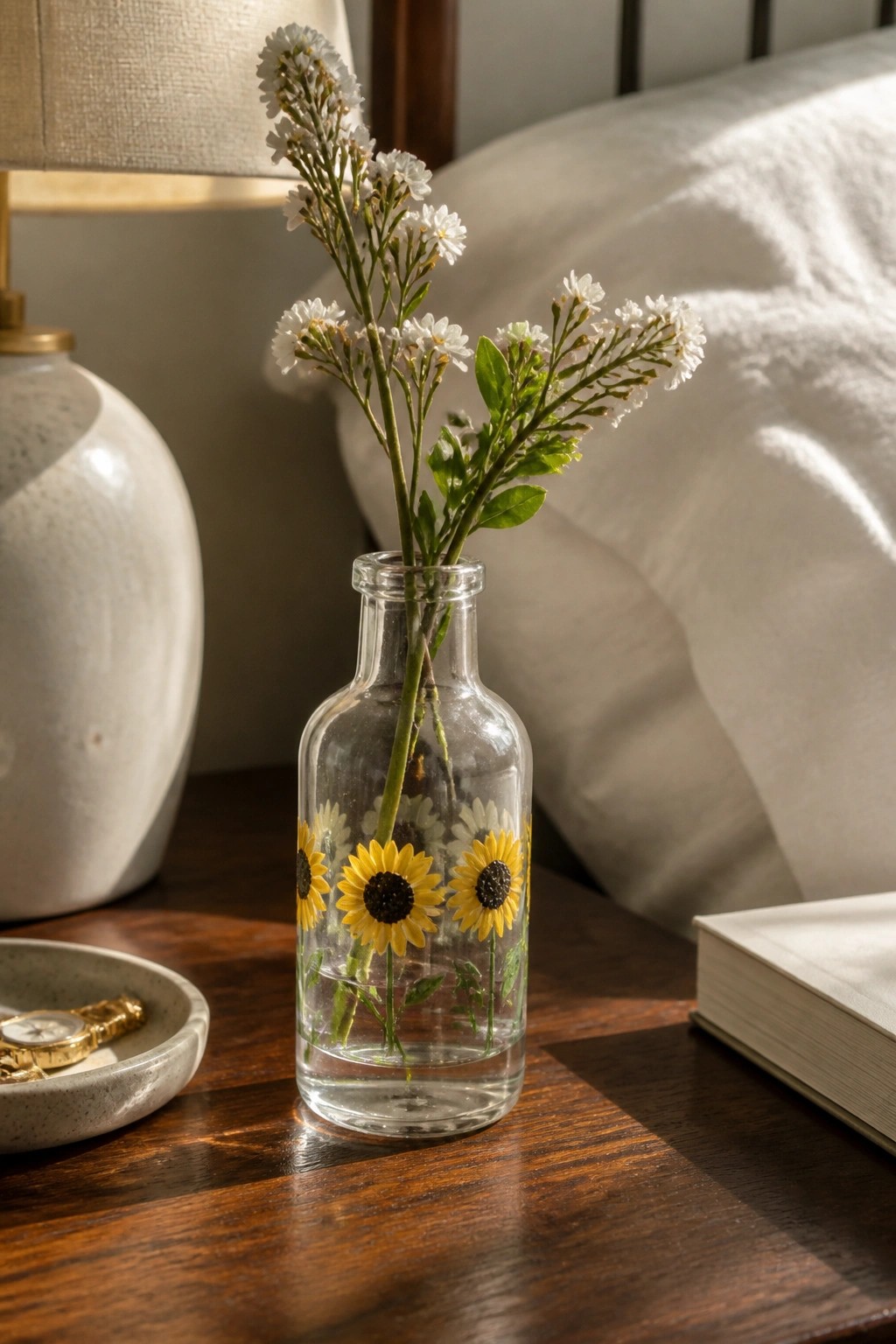 Glass bottle with sunflower decals holding white flowers on wooden nightstand beside bed