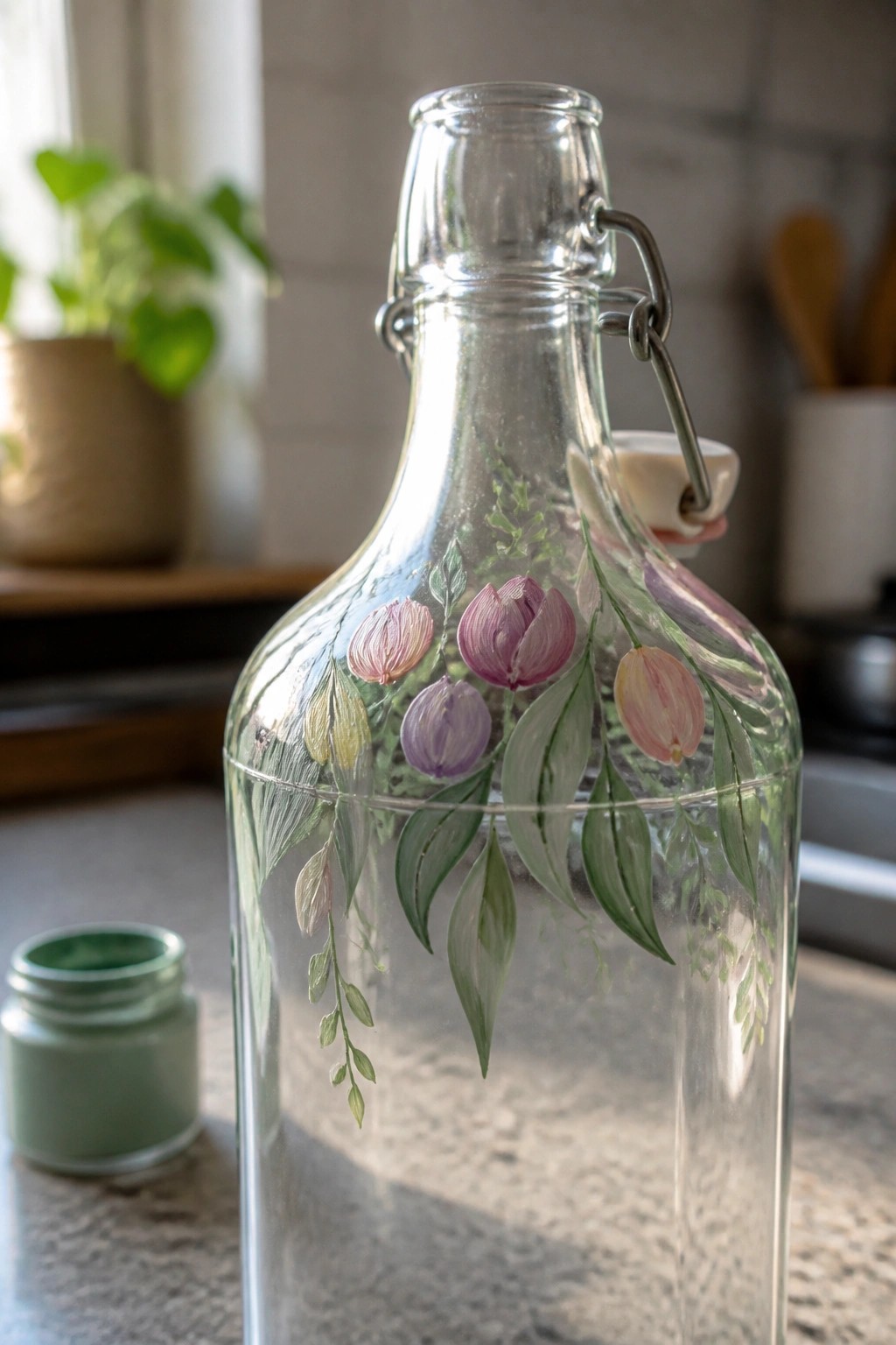 Glass bottle hand-painted with pink tulips, purple blooms, and green leaves beside paint jar