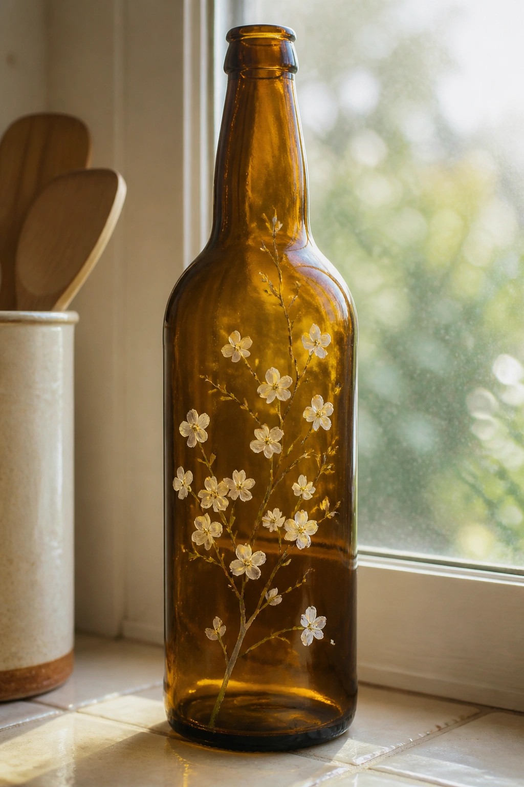 Brown glass bottle etched with white flowers on a sunlit windowsill