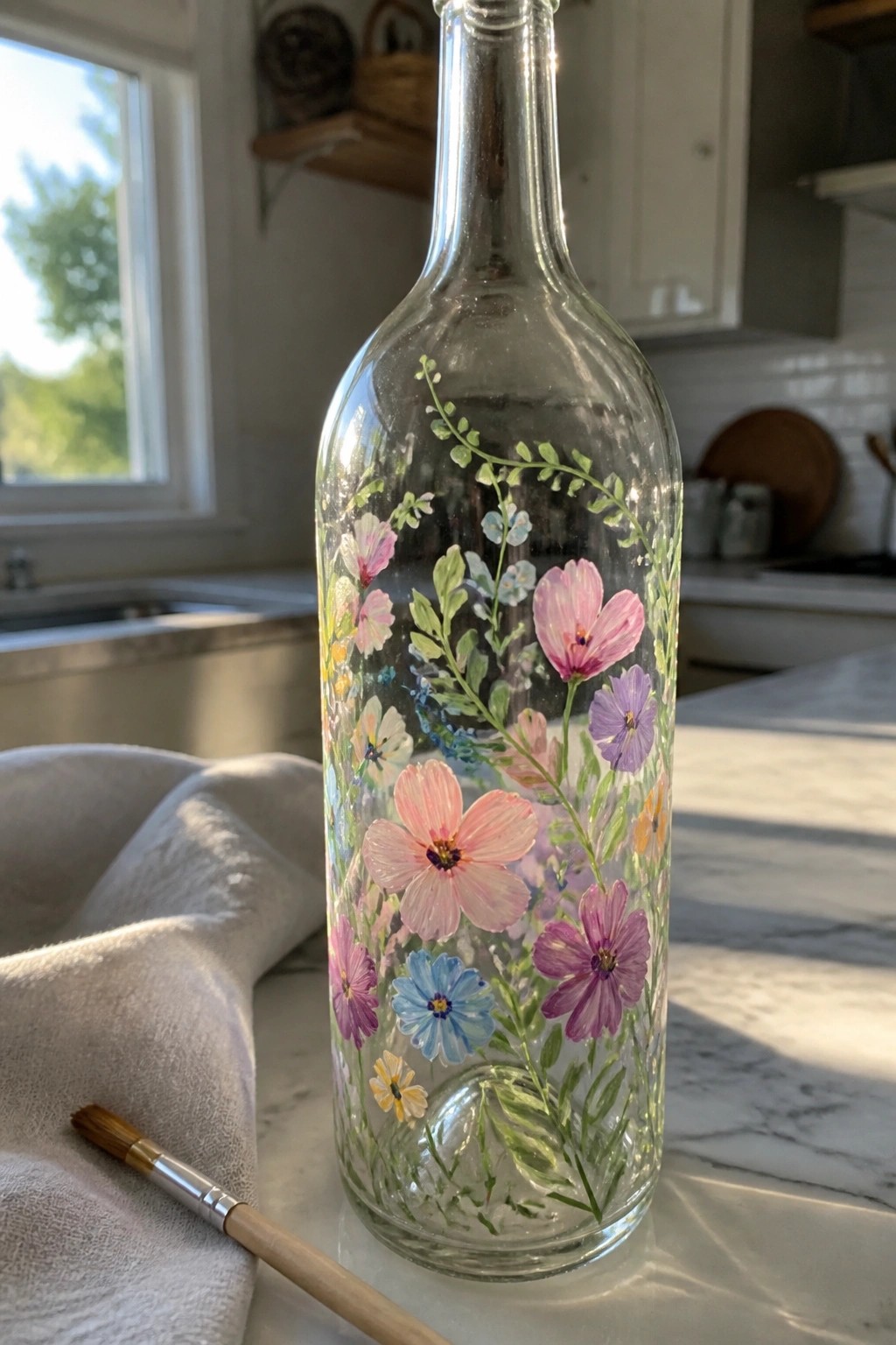 Hand-painted glass bottle with pink, purple, and blue wildflowers on marble counter