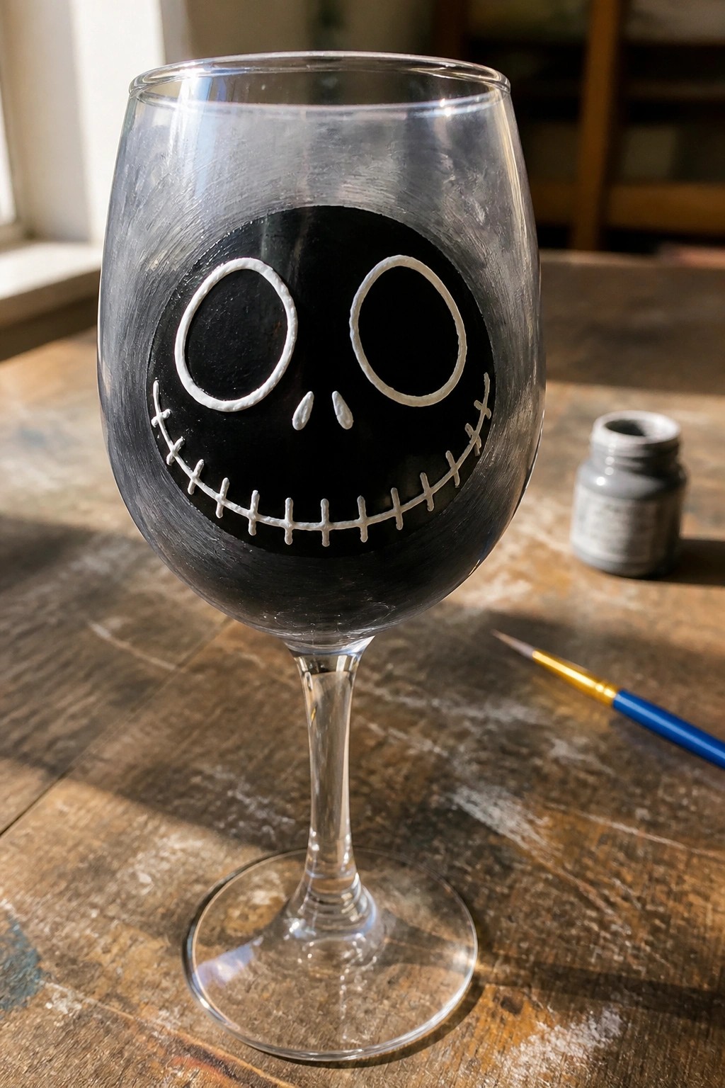 Wine glass hand-painted with Jack Skellington's black-and-white stitched face on wooden table