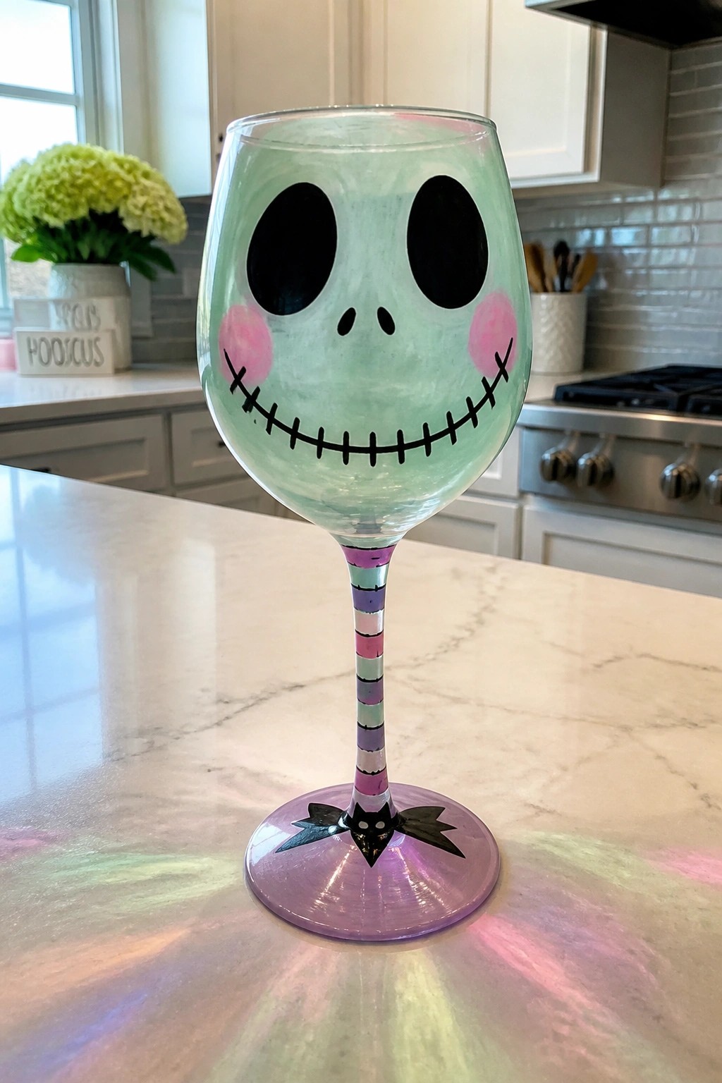 Jack Skellington painted wine glass with striped stem on marble kitchen counter