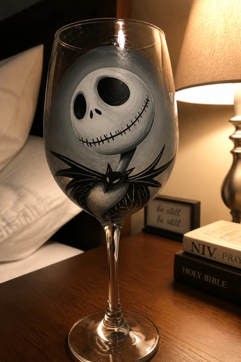 Hand-painted wine glass with Jack Skellington face and bat wings on wooden table