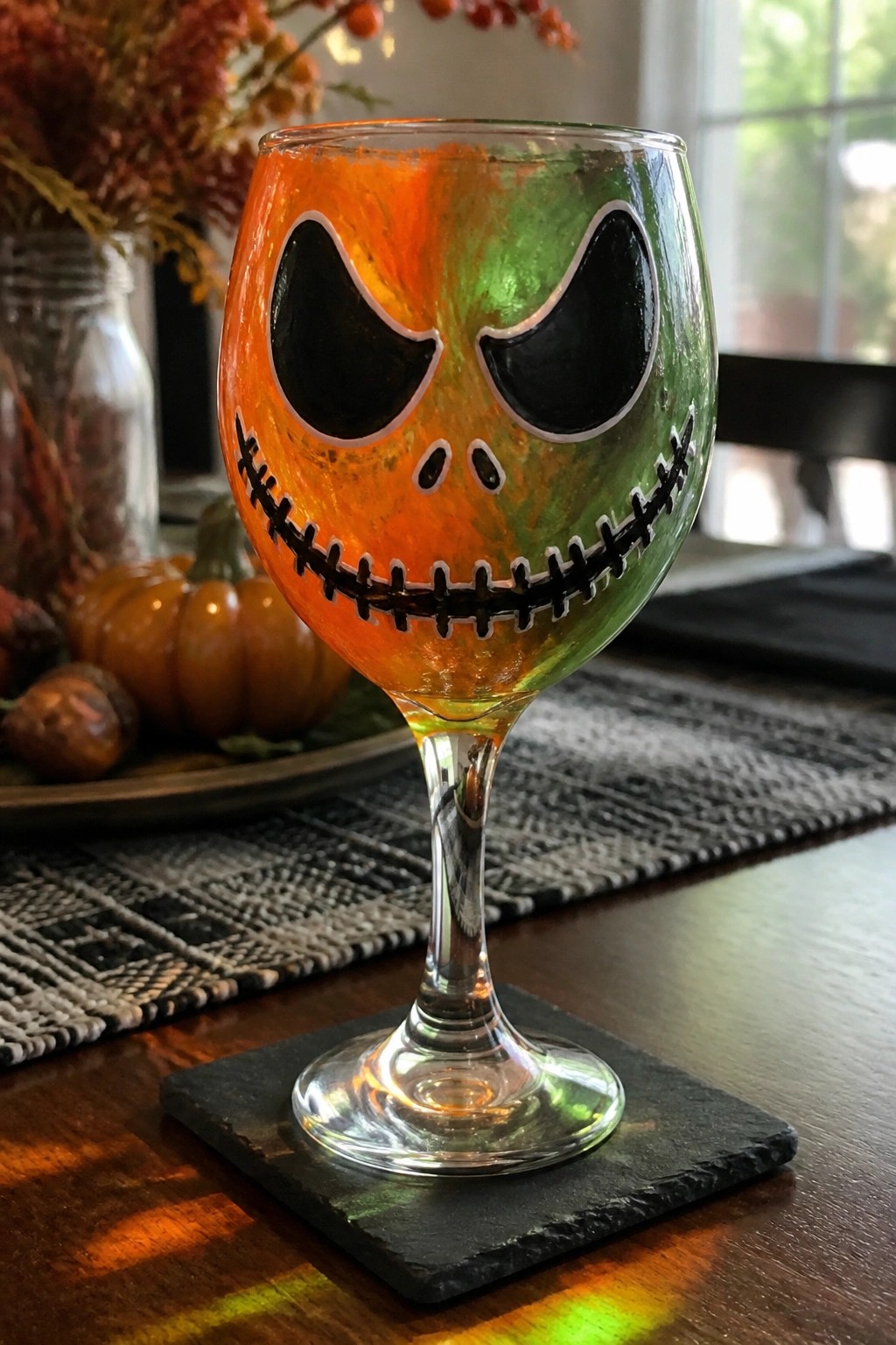 Orange and green painted wine glass with Jack Skellington face on slate coaster