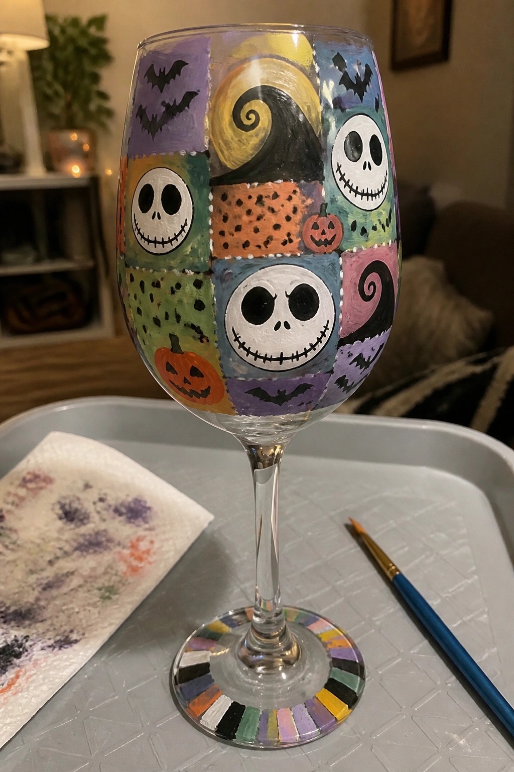 Hand-painted wine glass with Jack Skellington faces, bats, pumpkins on colorful patchwork squares