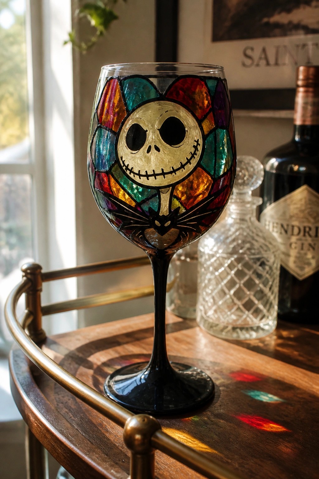 Jack Skellington face on colorful stained-glass style wine glass with black stem