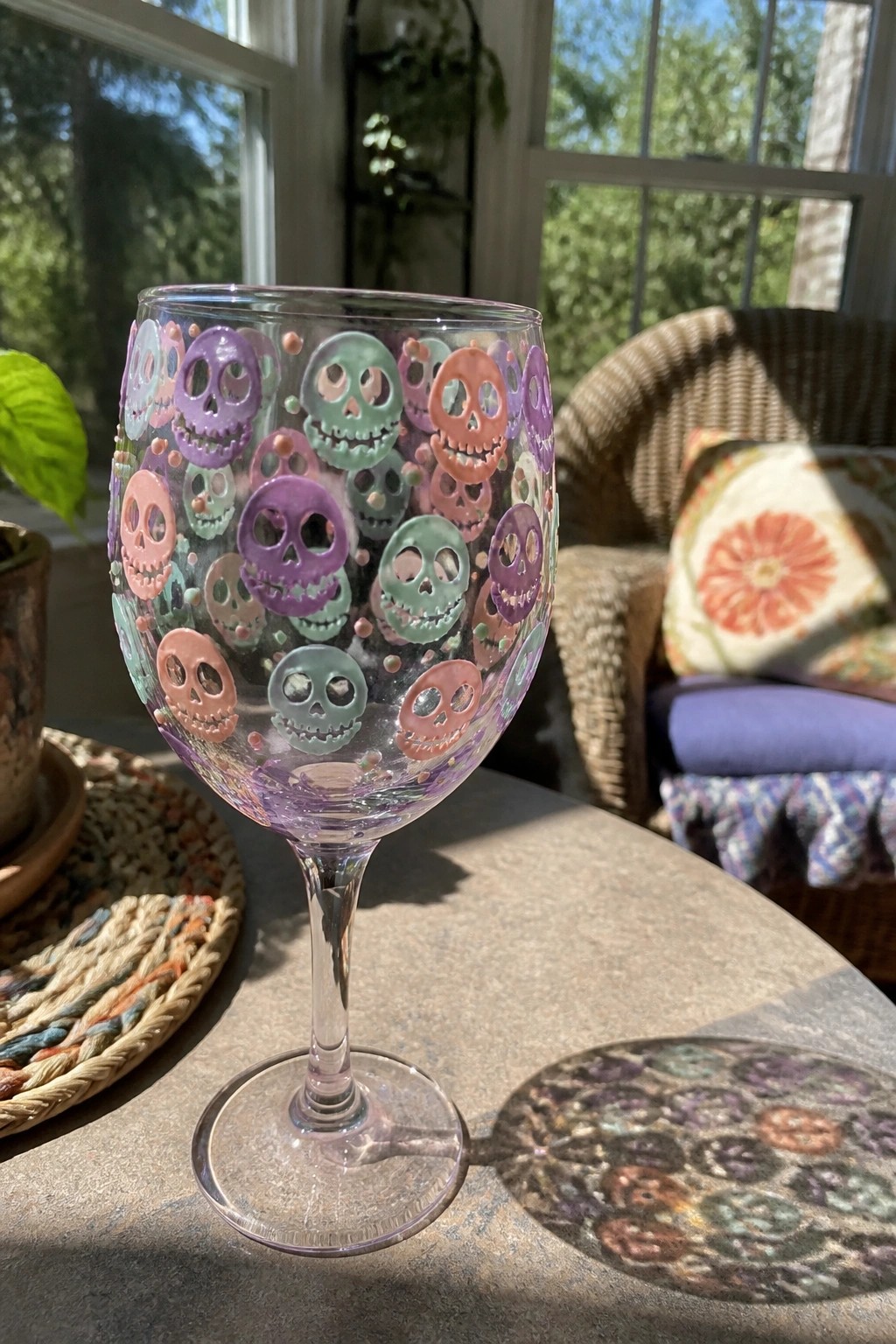 Wine glass covered in pastel skull stickers on sunlit stone table