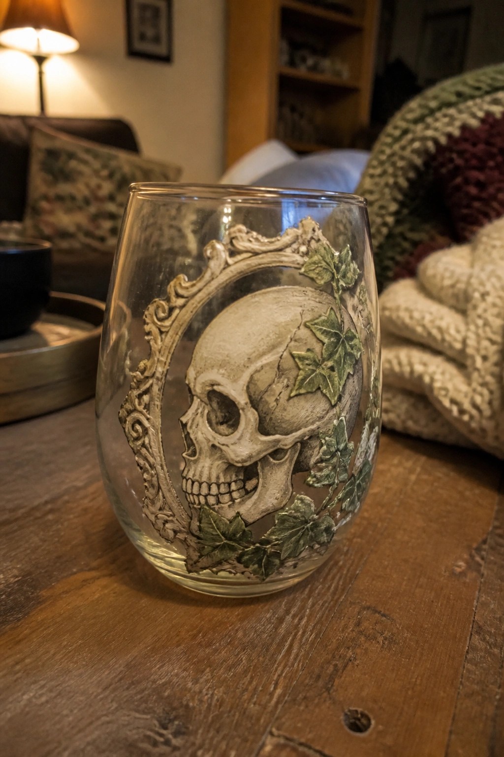 Ornate framed skull with green ivy on clear glass tumbler atop wooden table.