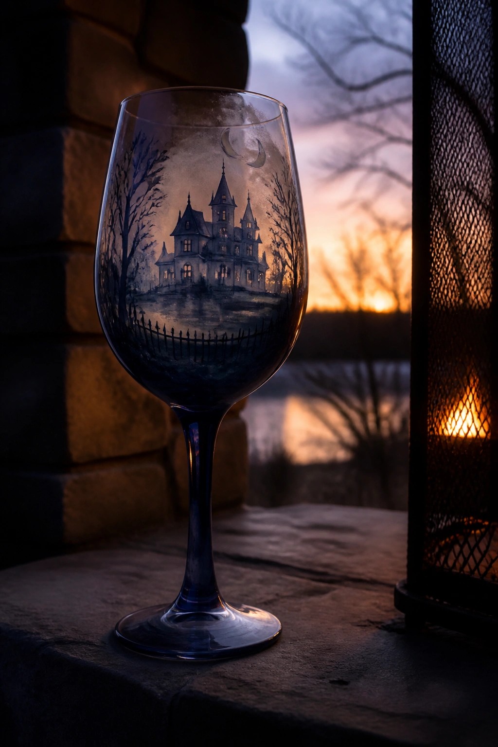 Wine glass etched with haunted mansion, moon, trees, and fence at sunset on stone ledge