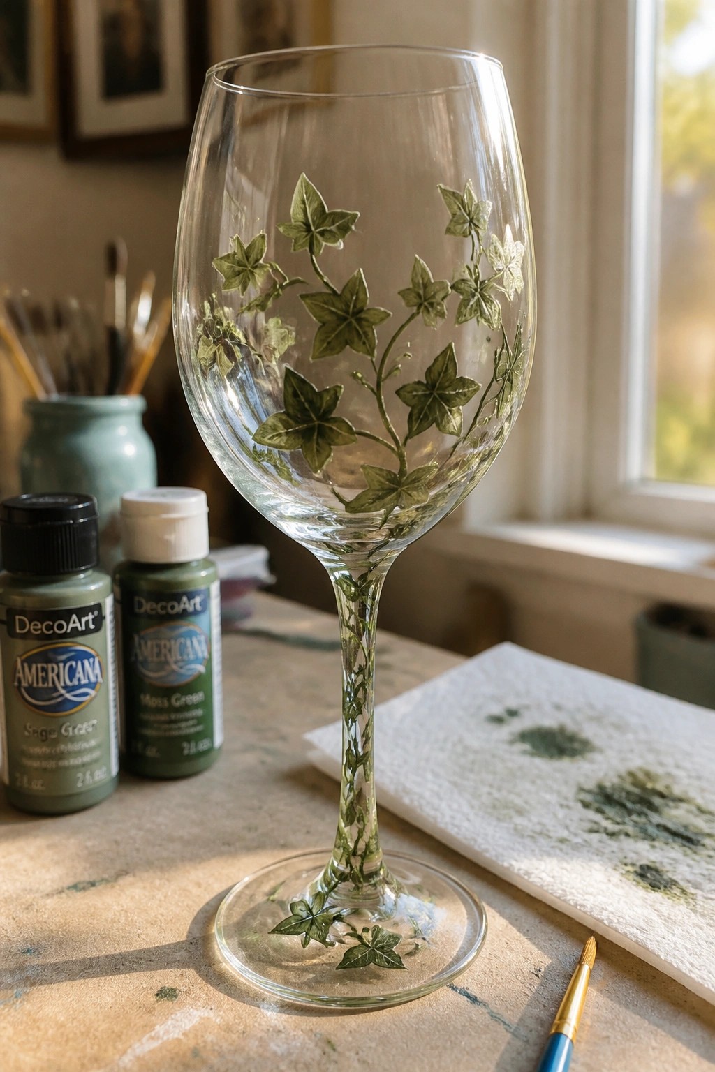 Painted wine glass with green ivy vines beside paint bottles on table
