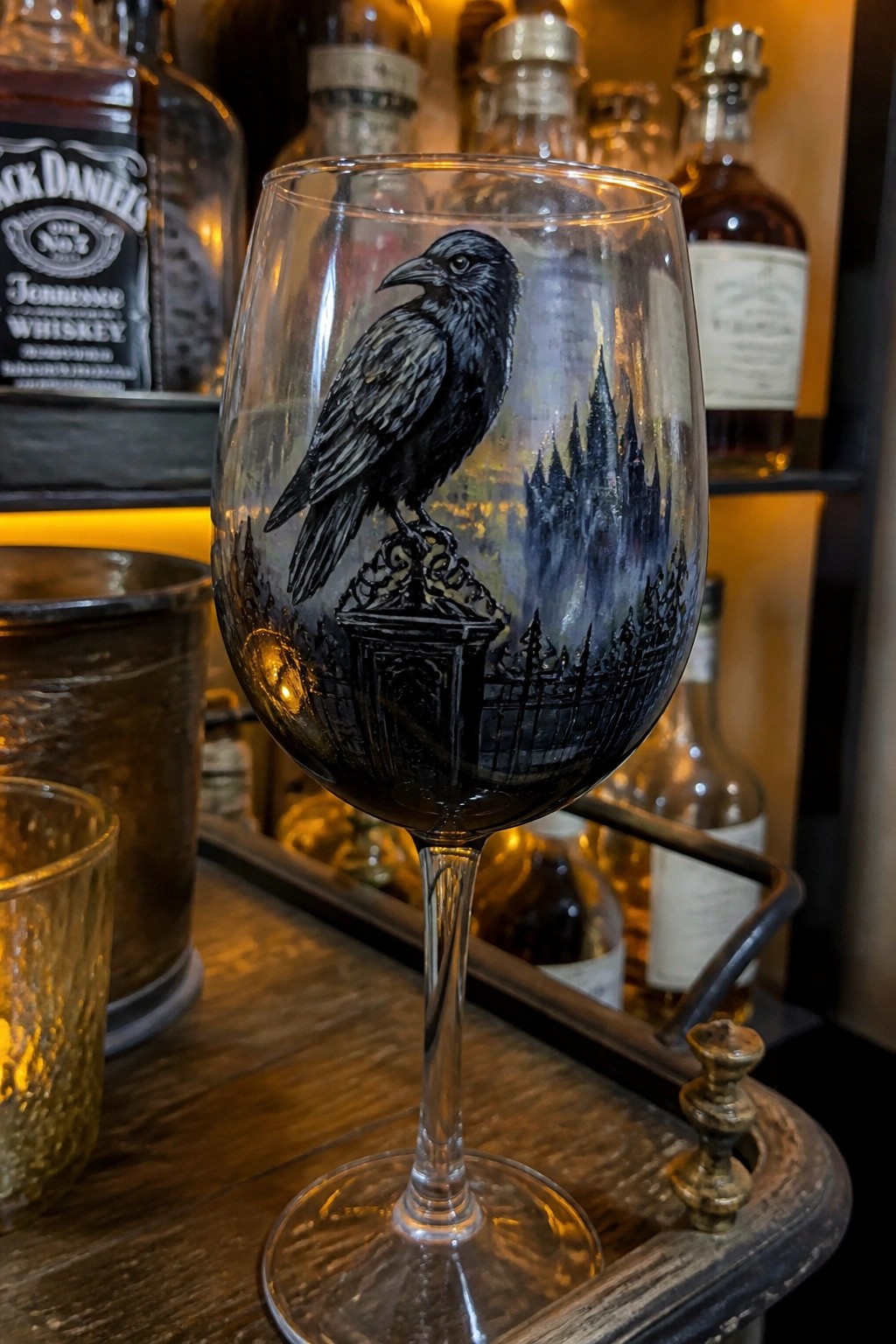 Hand-painted wine glass with black raven on gothic castle and fence scene