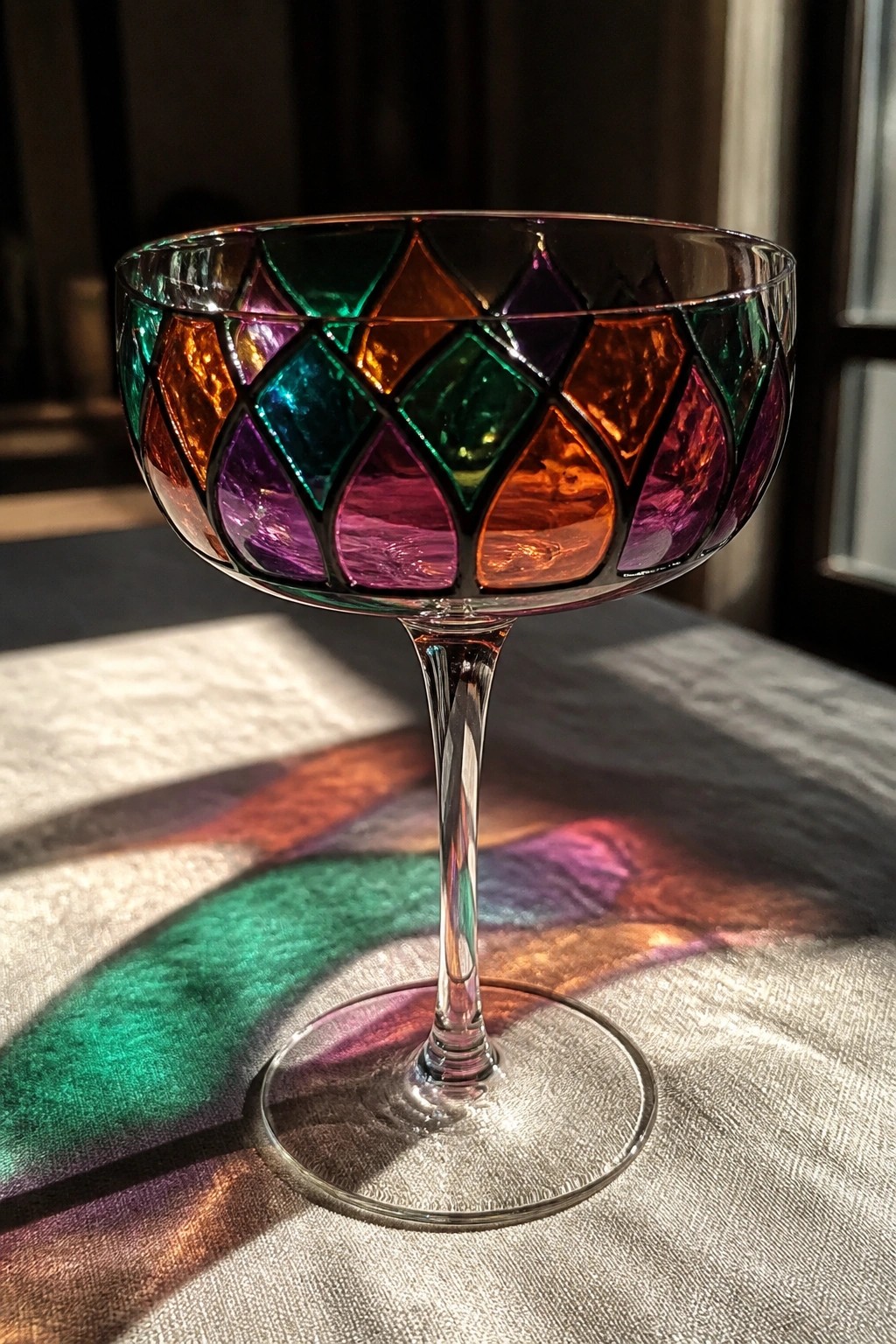 Colorful stained-glass coupe with diamond panels casting rainbow shadows on fabric.