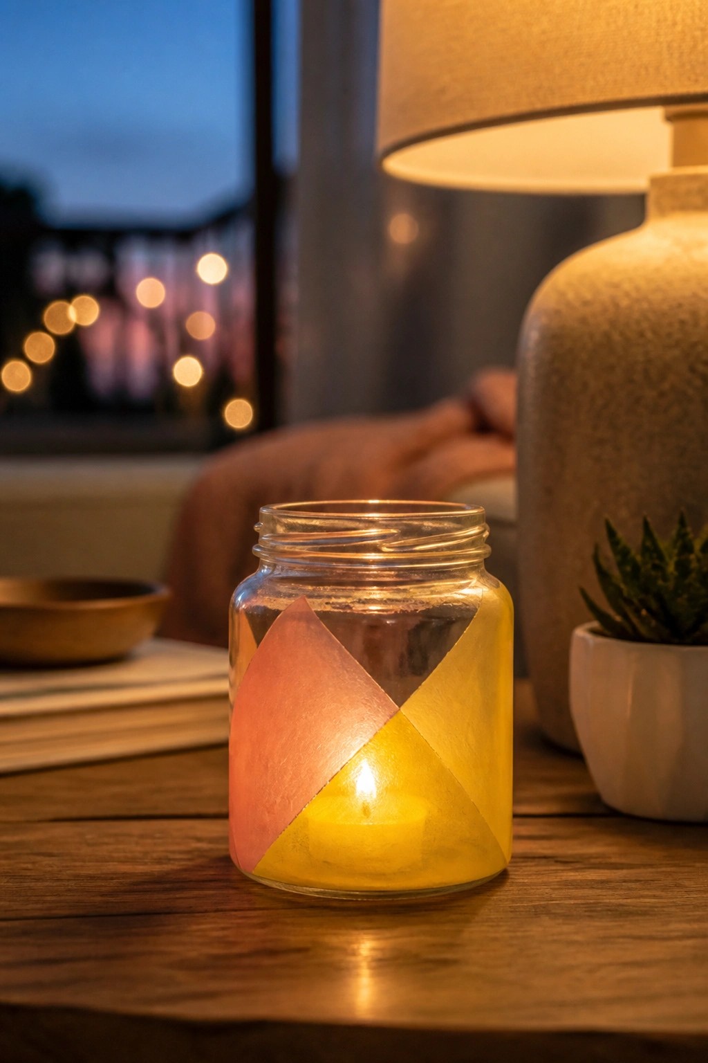 Lit candle glowing in glass jar with pink yellow geometric tape on wooden table
