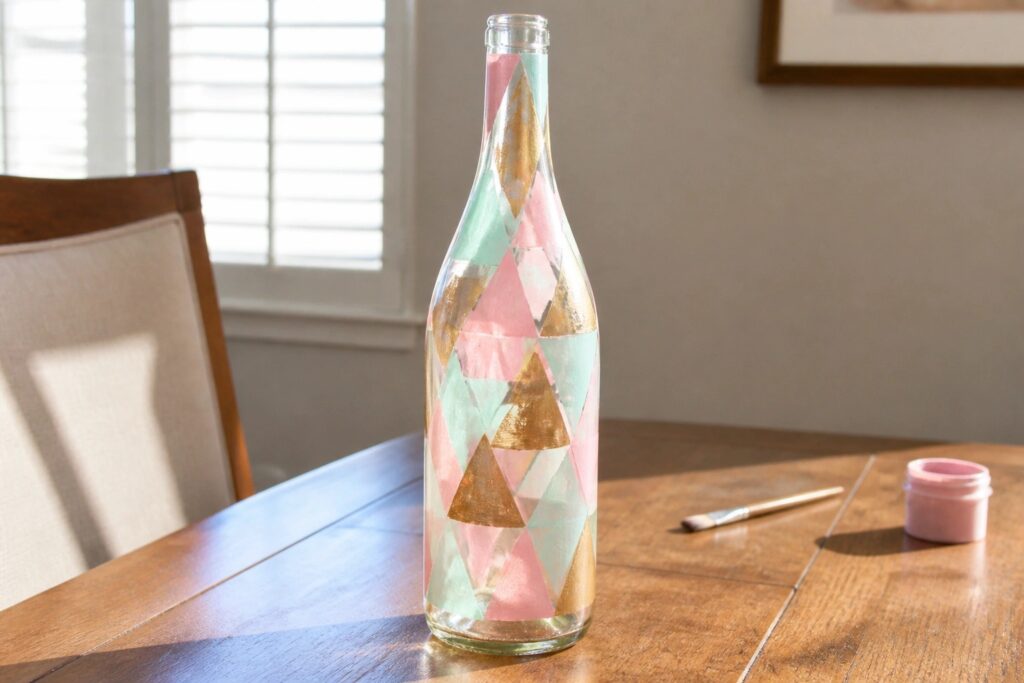 25 Modern Geometric Bottle Painting Ideas for Minimalist Home Decor Glass wine bottle with pink, gold, and mint green diamond pattern beside paint supplies.