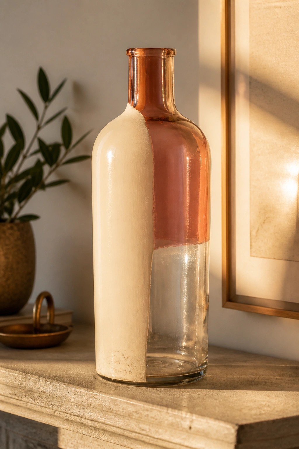 Glass bottle half-painted white and copper on a sunlit wooden surface