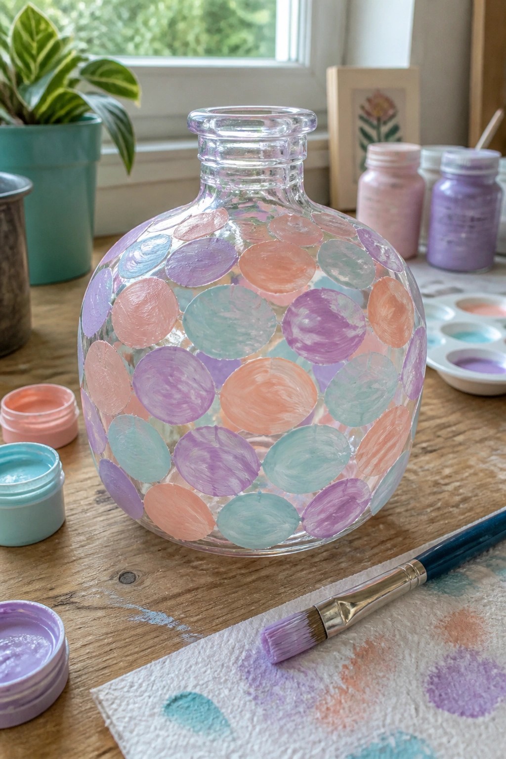 Glass vase with pastel pink, purple, orange, teal polka dots amid paint supplies