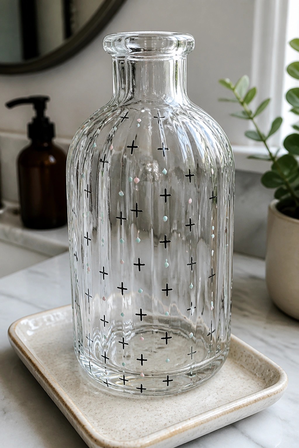 Ribbed glass bottle with black crosses and pastel dots on beige tray