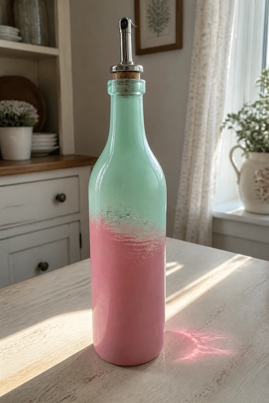 Pink and turquoise painted bottle with metal spout on sunlit wooden table