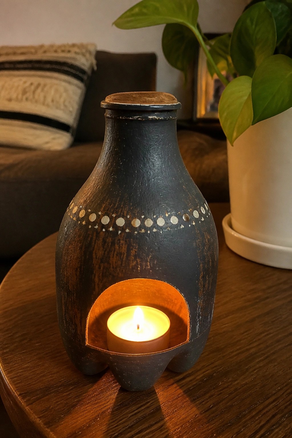 Rustic dark pottery candle holder with glowing flame on wooden table