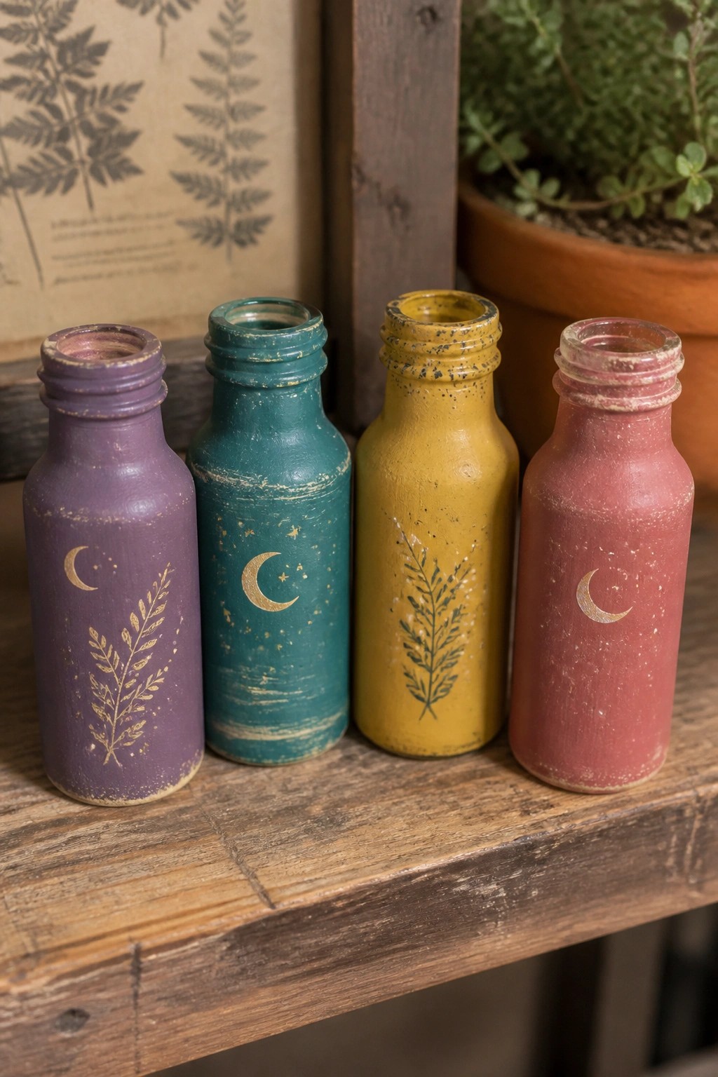 Four small distressed bottles in purple, teal, yellow, and red with moon and leaf designs