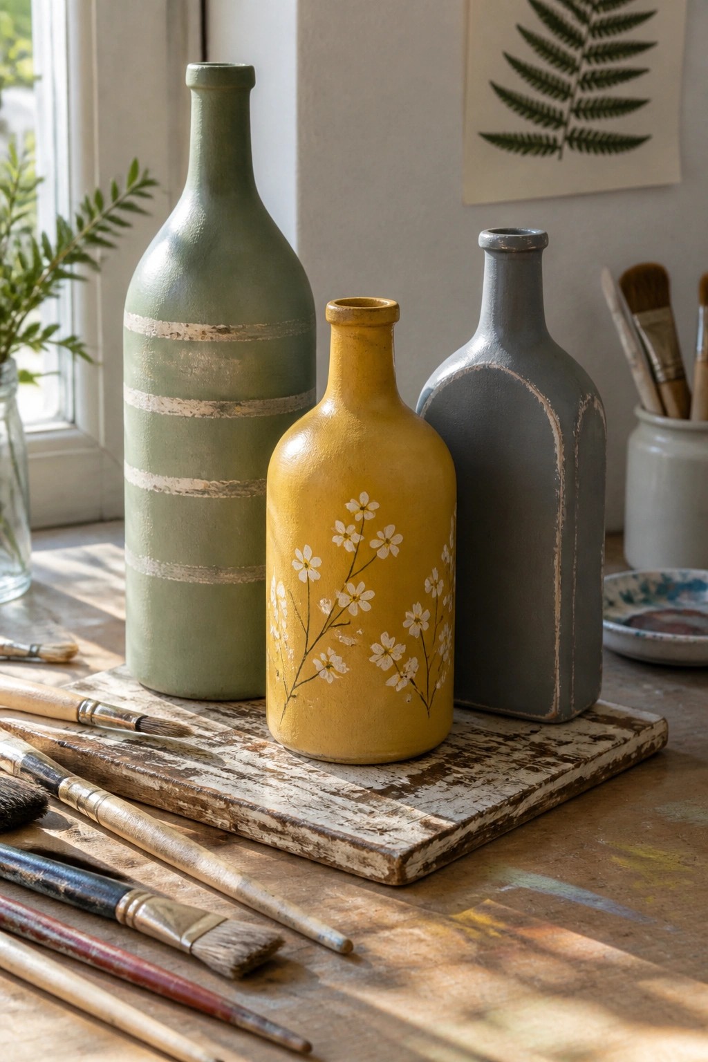 Three painted bottles—green striped, yellow floral, gray—with brushes on rustic wood board