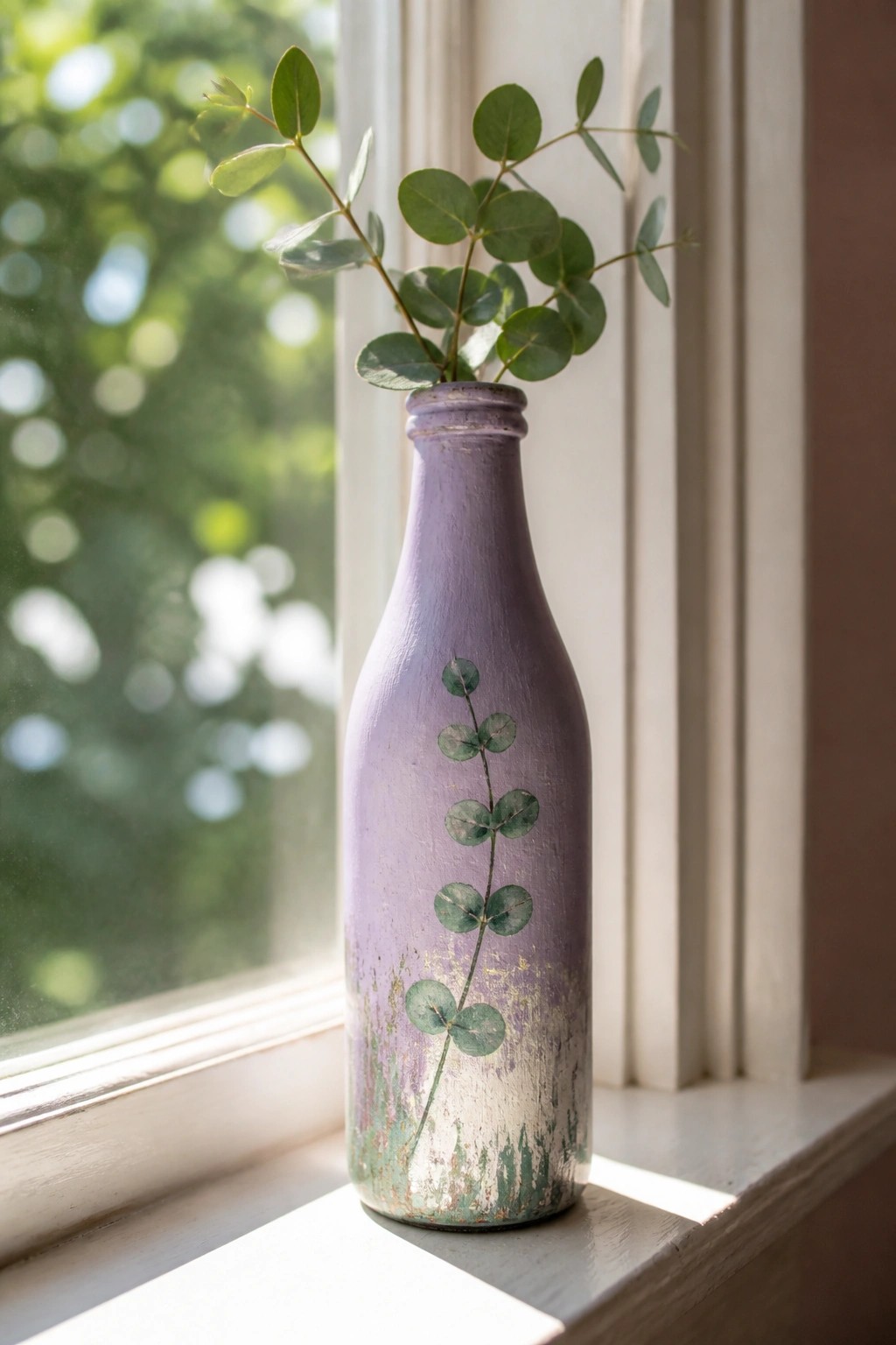 Purple distressed bottle with eucalyptus painting holding fresh stems on windowsill