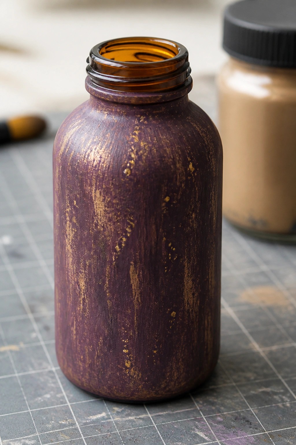 Distressed purple and gold painted amber glass bottle on a gridded mat.