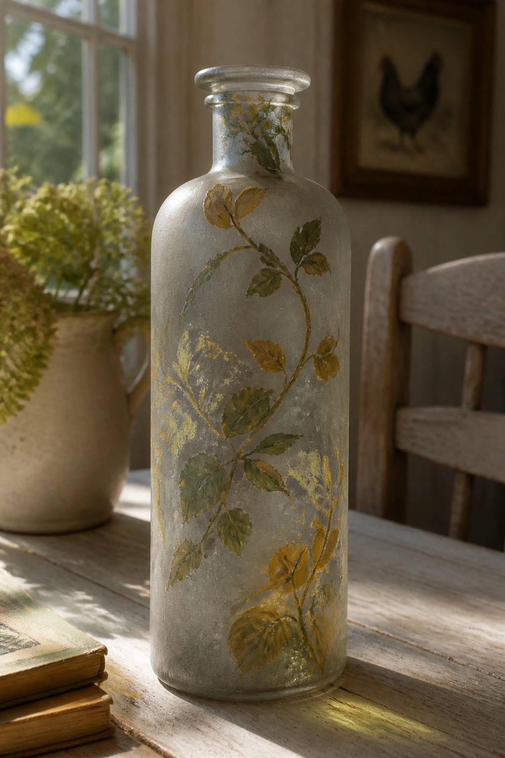 Frosted glass bottle with green and gold leaf design on sunlit wooden table