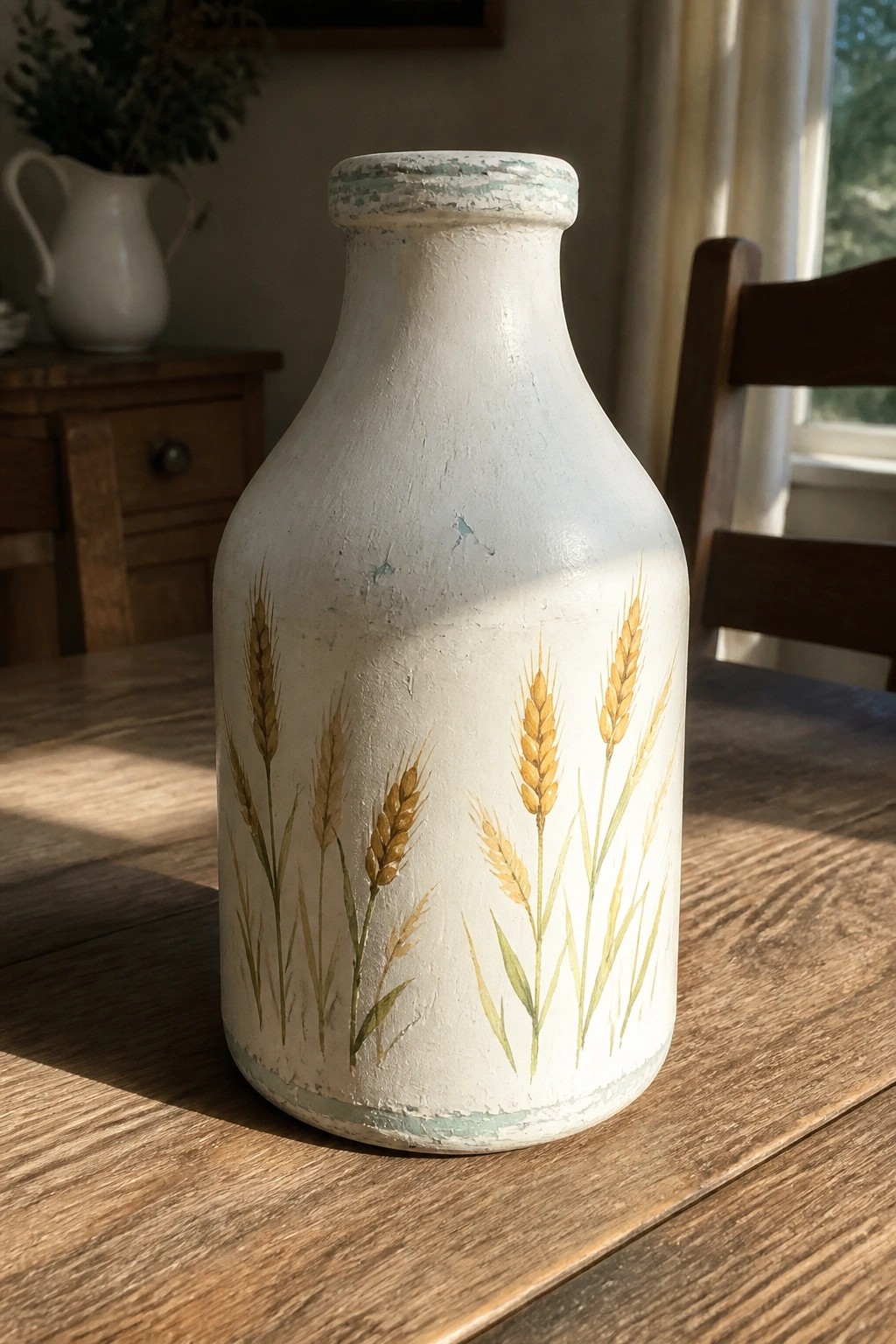Chipped white milk bottle with hand-painted wheat stalks on wooden table.