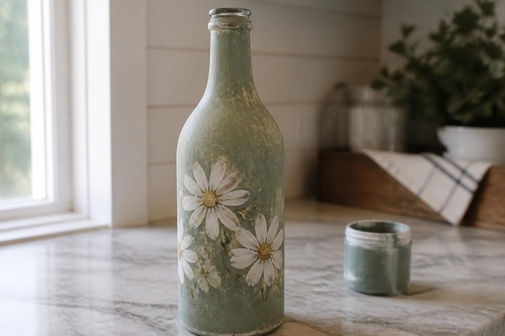 25 Rustic Glass Bottle Painting Ideas Using Distressed and Matte Finishes Sage green painted bottle with white daisies beside open paint jar on counter
