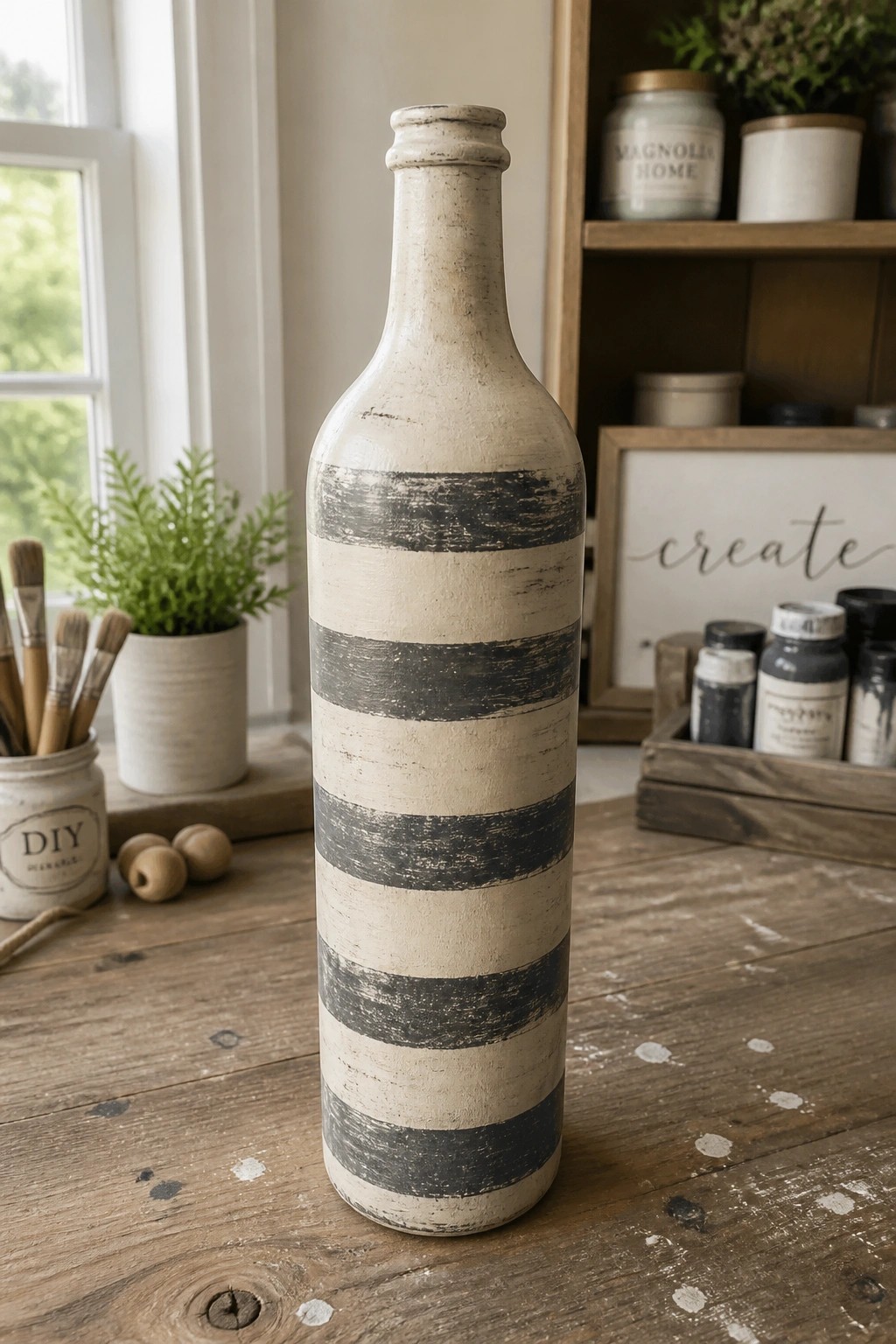 Distressed cream bottle with black stripes on rustic wooden craft table