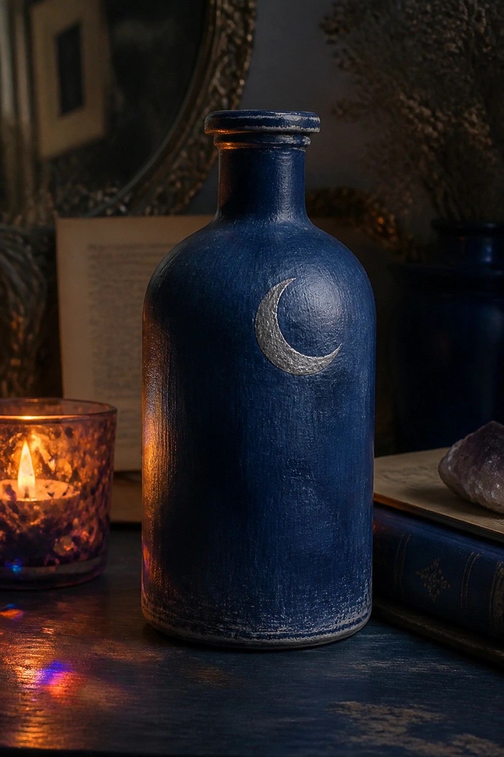 Blue bottle with silver crescent moon beside glowing candle and old books at night