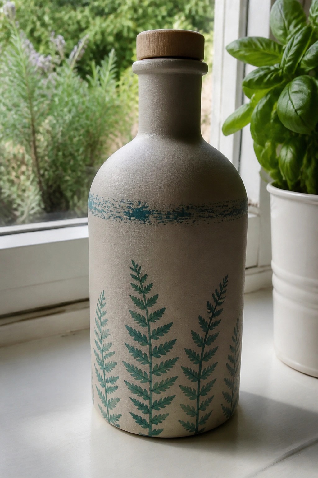 Ceramic bottle with green fern prints, blue band, and wooden cork beside basil plant