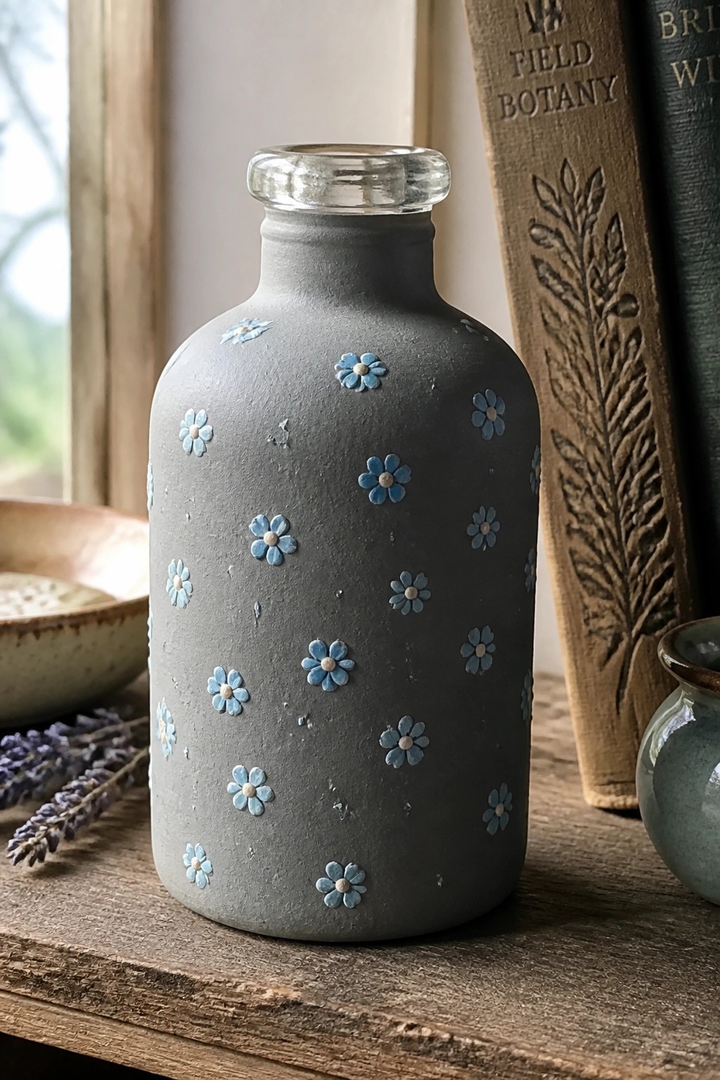 Gray bottle with blue flower appliques on wooden table beside vintage books