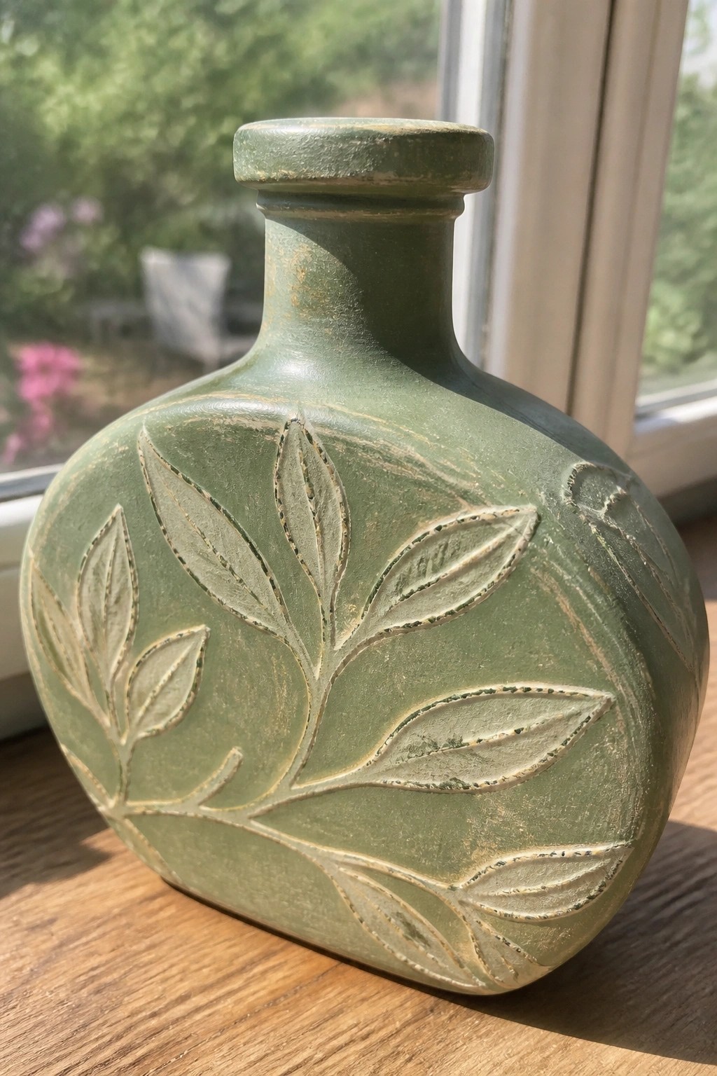 Green ceramic bottle with embossed leaf patterns on wooden windowsill.