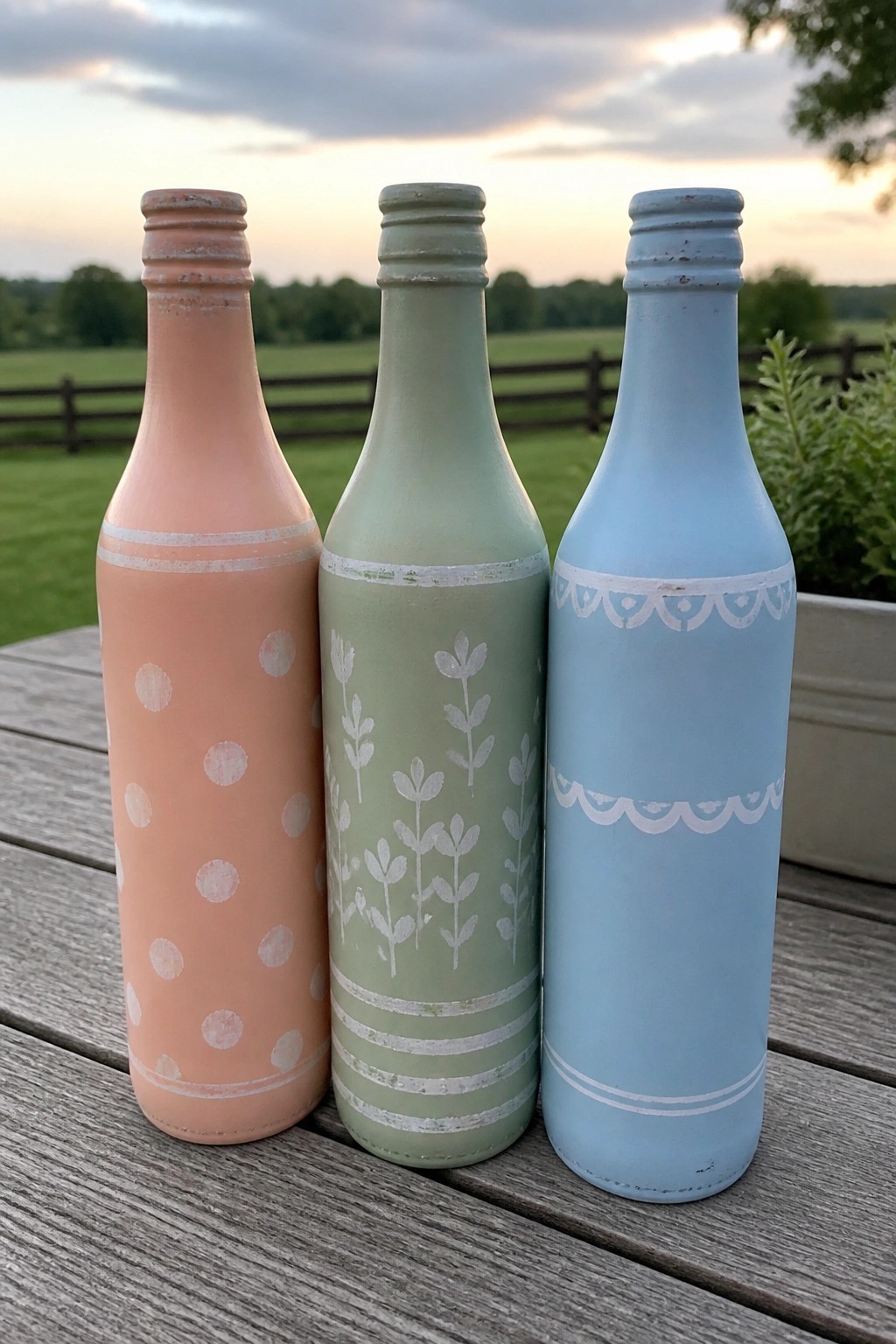 Three pastel-painted bottles with white stenciled designs on a wooden table