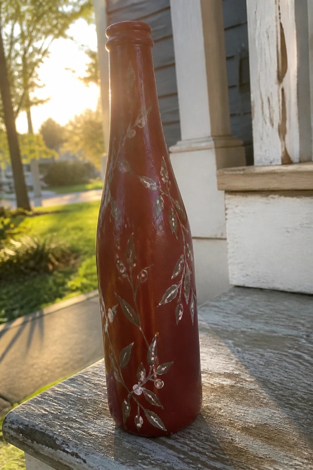 Reddish-brown bottle with metallic leaf and berry designs on wooden porch step.