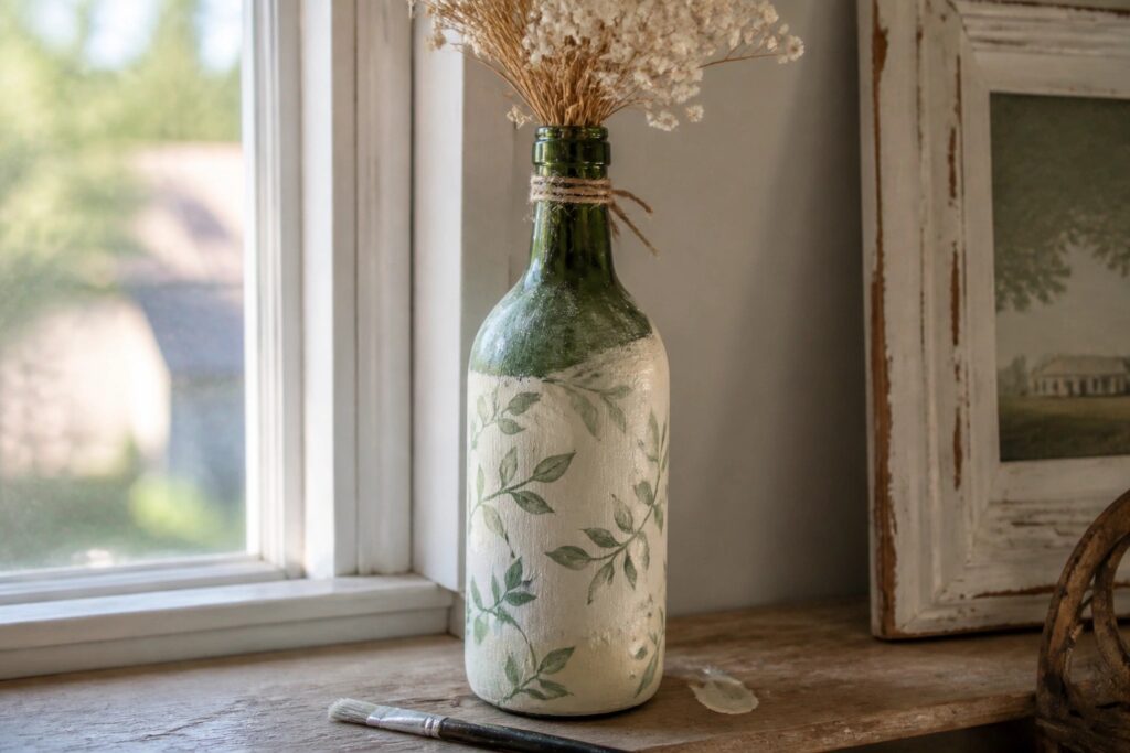 25 Rustic Painted Wine Bottle Ideas Made for Farmhouse Vase Displays Painted white bottle with green leaf vines, dried flowers, and paintbrush on windowsill