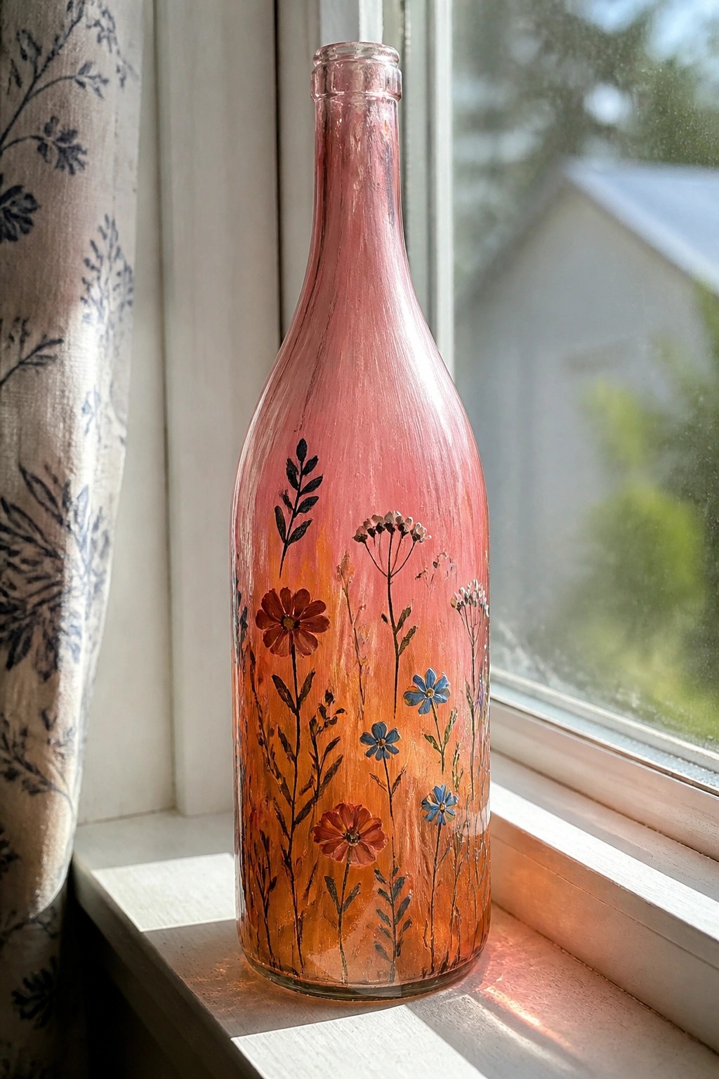 Pink-orange painted glass bottle with red and blue flowers on sunny windowsill