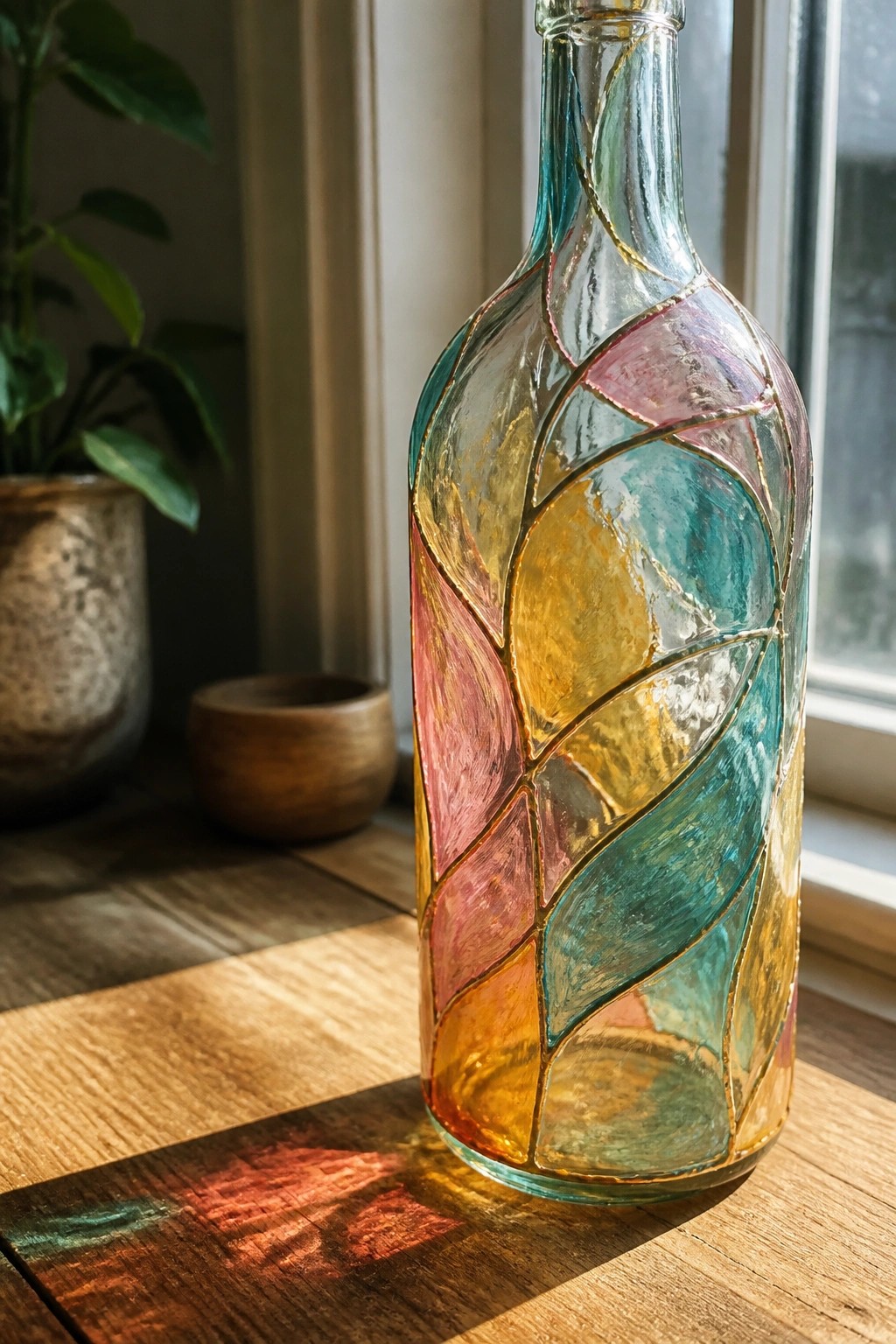 Stained glass bottle with pink, teal, and gold patterns on sunny windowsill