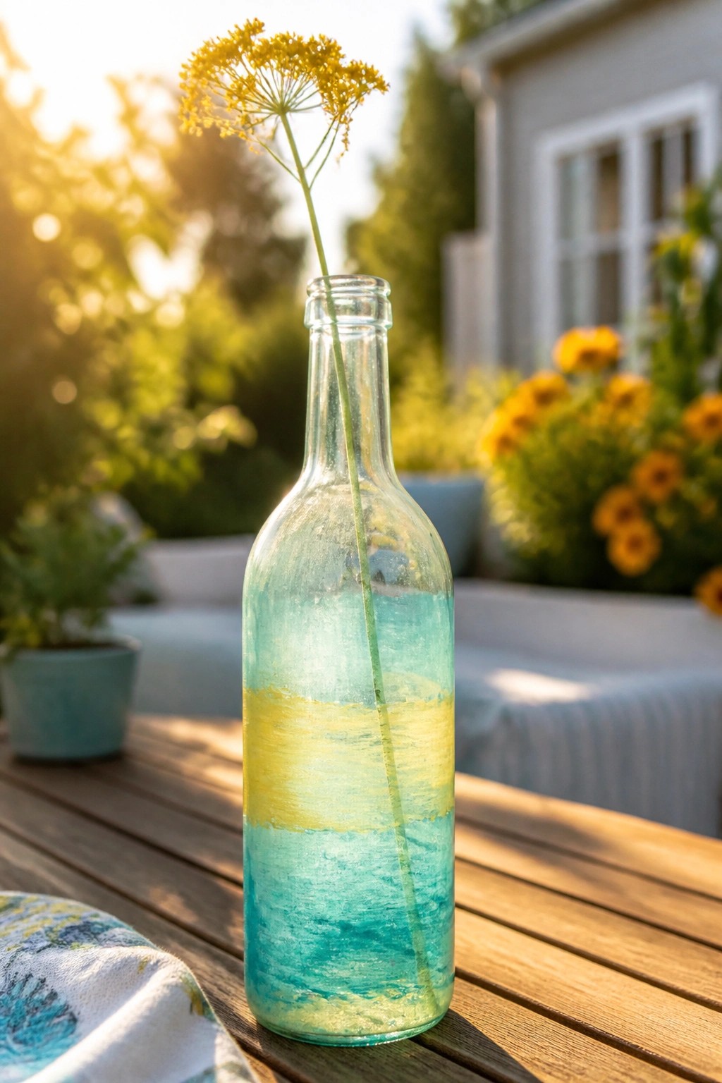 Painted turquoise and yellow glass bottle holding a yellow flower on wooden table