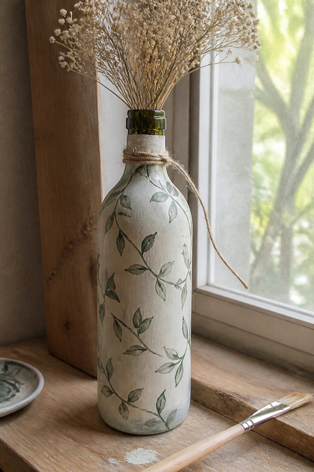 Painted white bottle with green leaf vines, dried flowers, and paintbrush on windowsill