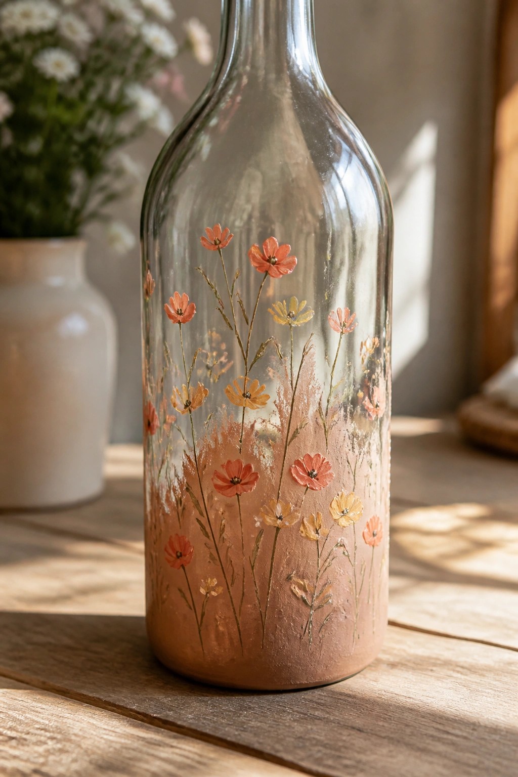 Clear glass bottle hand-painted with orange and yellow wildflowers on wood