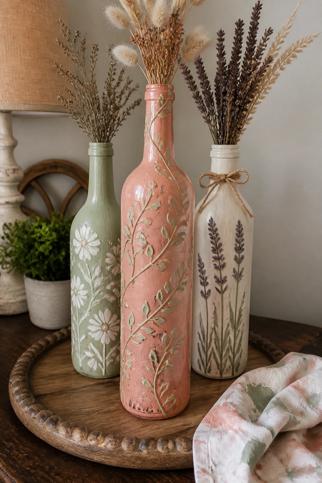 Three painted wine bottles in green, coral, and white with daisy, vine, and lavender designs hold dried flowers on a round wooden tray.
