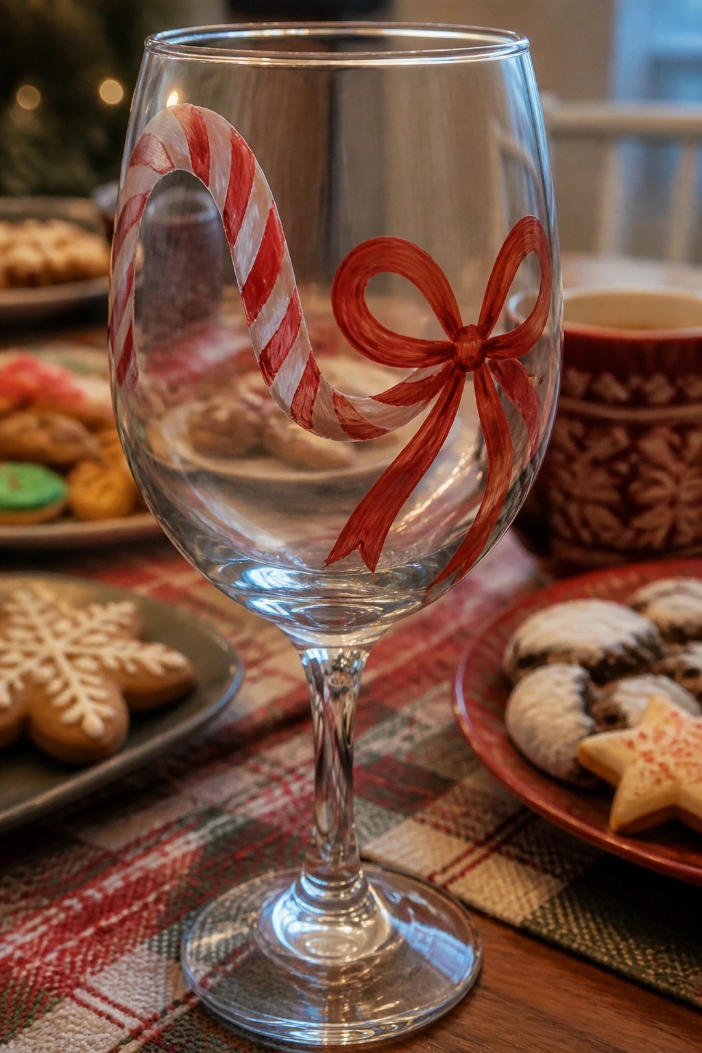 Wine glass painted with red-and-white candy cane tied by large red bow