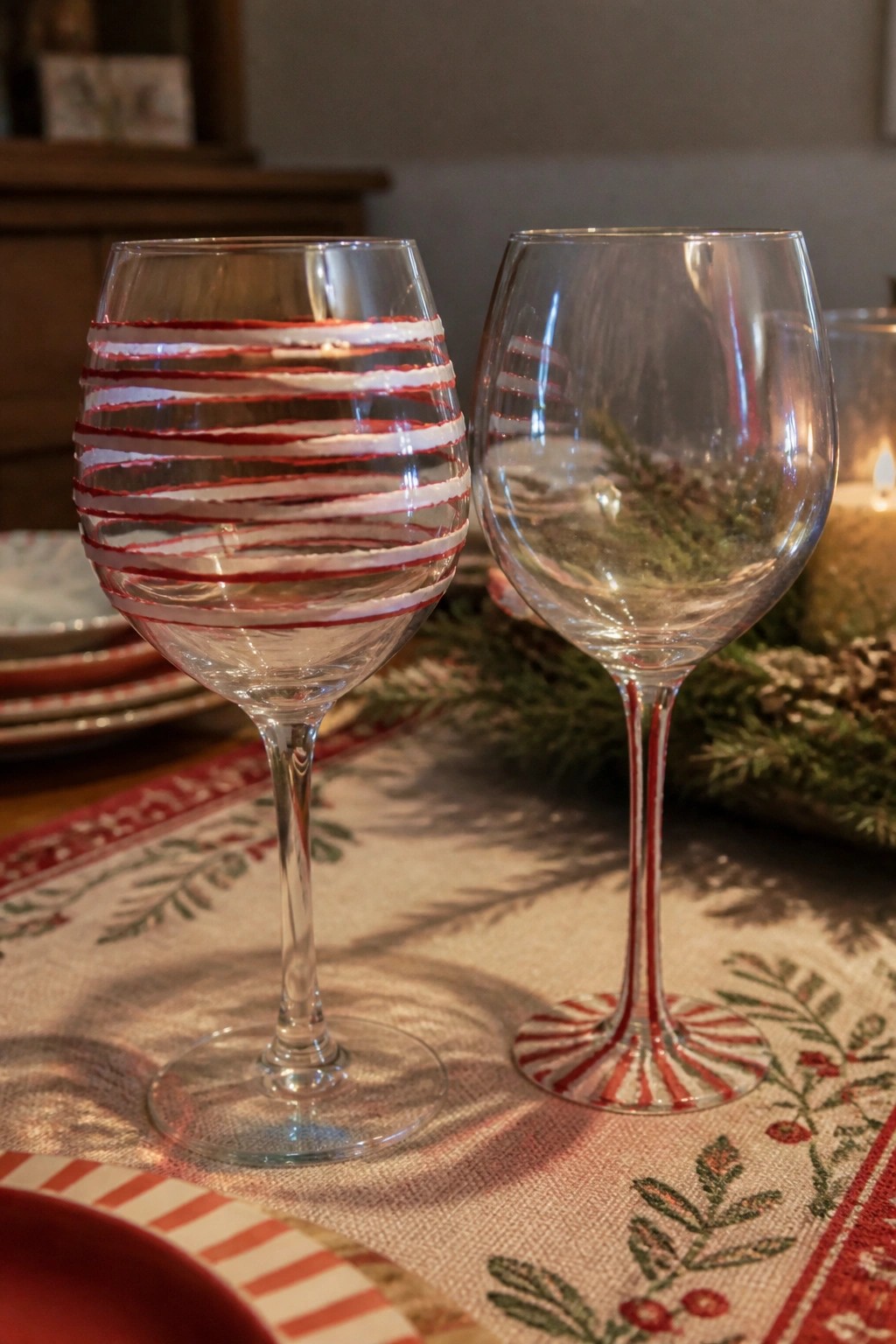 Two wine glasses with red and white stripes on a festive holiday table