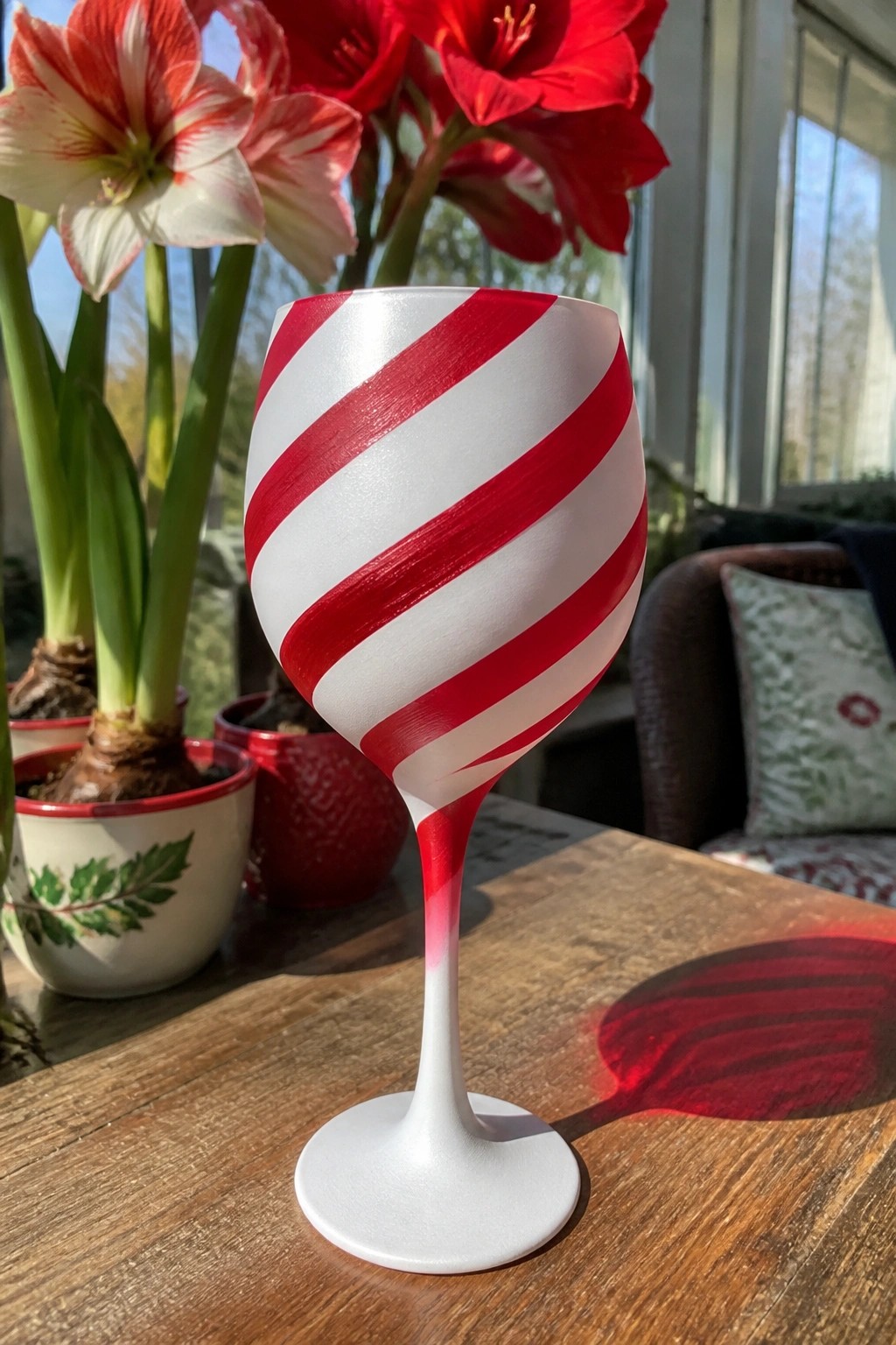 Red and white striped wine glass on wooden table with potted amaryllis flowers