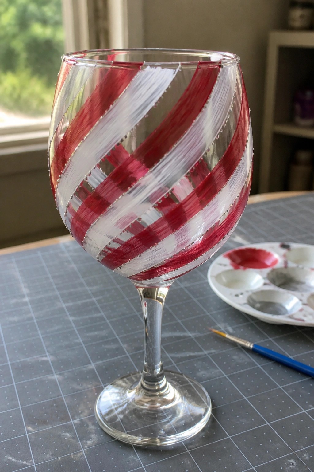 Red and white striped painted wine glass with dotted lines beside palette and brush.