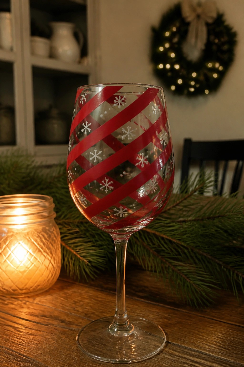 Snowflake-decorated wine glass with red stripes beside lit jar candle and pine branches.