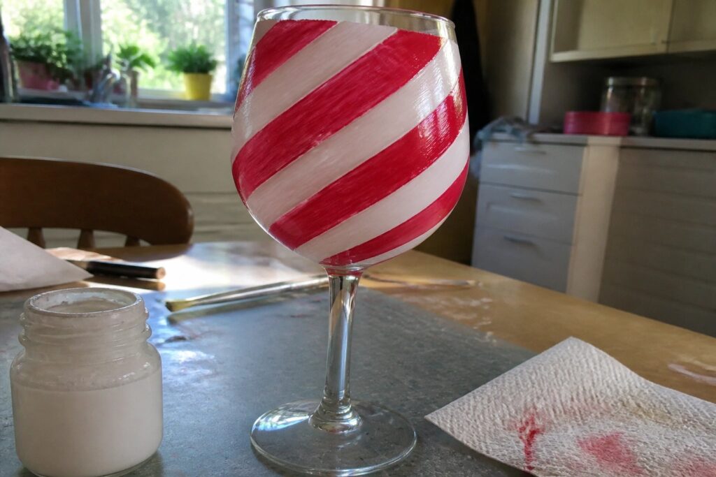 25 Simple Christmas Wine Glass DIY Ideas Built Around Candy Cane Stripe Patterns Red and white striped painted wine glass on kitchen table with supplies